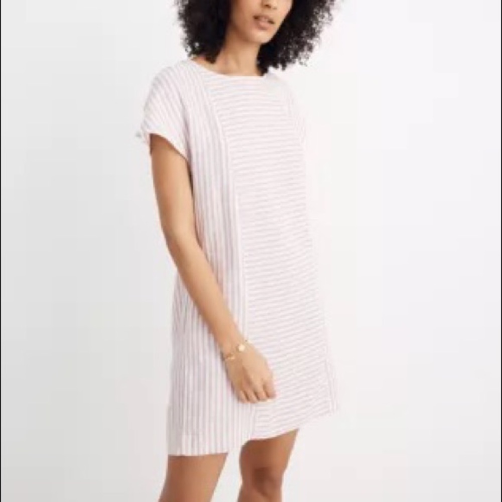 Madewell Stripe-play Button Back Tee Mini Dress Short Sleeve Linen Blend - Picture 3 of 9